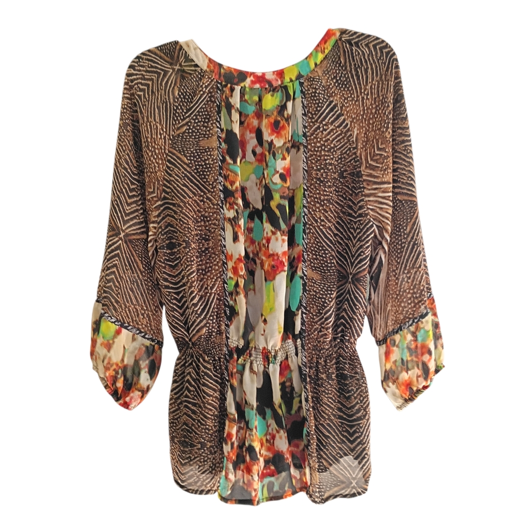Calvin Klein Blouse Women M‎ Multicolor Abstract Chiffon Tunic Button 3/4 Sleeve - Picture 5 of 9